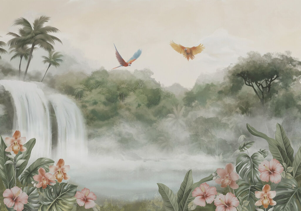 Chute d'eau avec des oiseaux qui la survolent Chute d'eau avec des oiseaux qui la survolent
