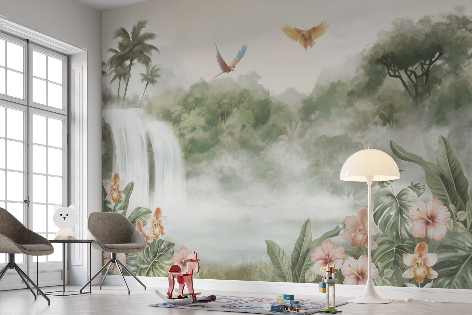 Waterfall with birds flying over it