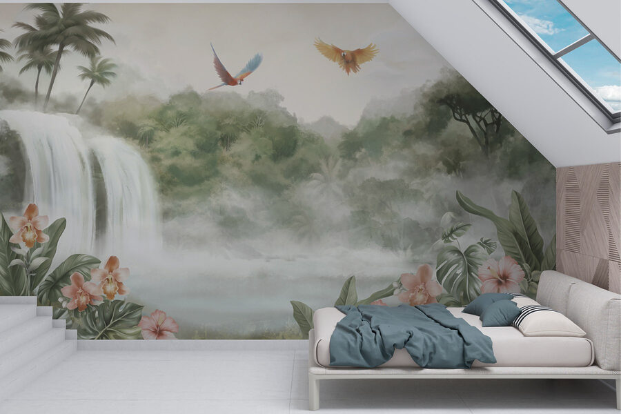 Waterfall with birds flying over it Waterfall with birds flying over it