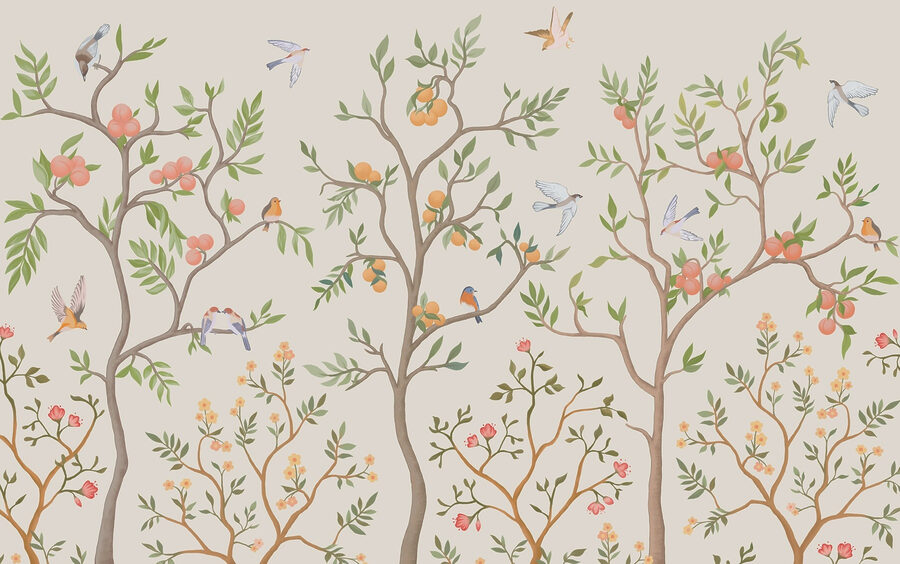 Papier peint avec des oiseaux et des arbres