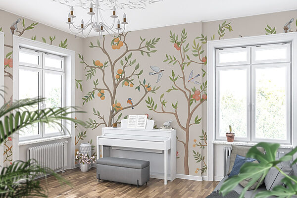 Papier peint avec des oiseaux et des arbres Papier peint avec des oiseaux et des arbres