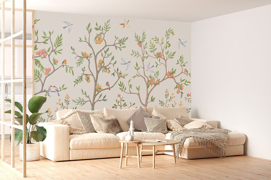 Papier peint avec des oiseaux et des arbres