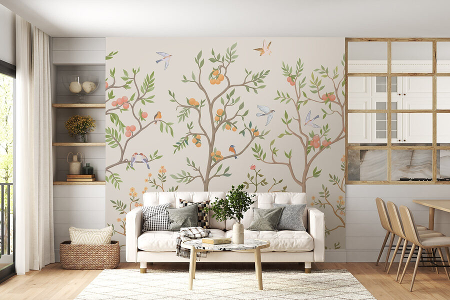 Papier peint avec des oiseaux et des arbres