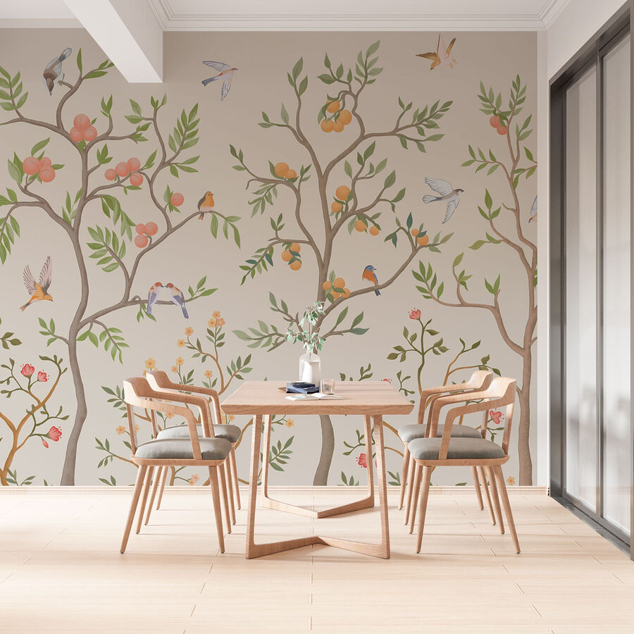 Papier peint avec des oiseaux et des arbres