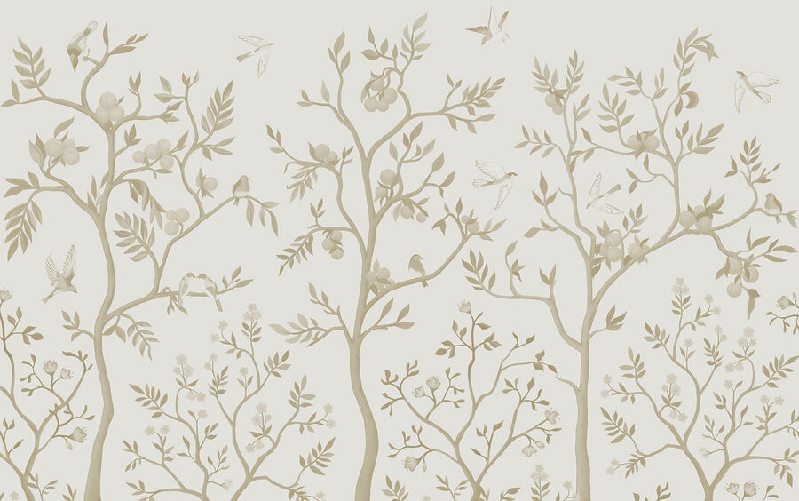 Papier peint avec des oiseaux et des arbres