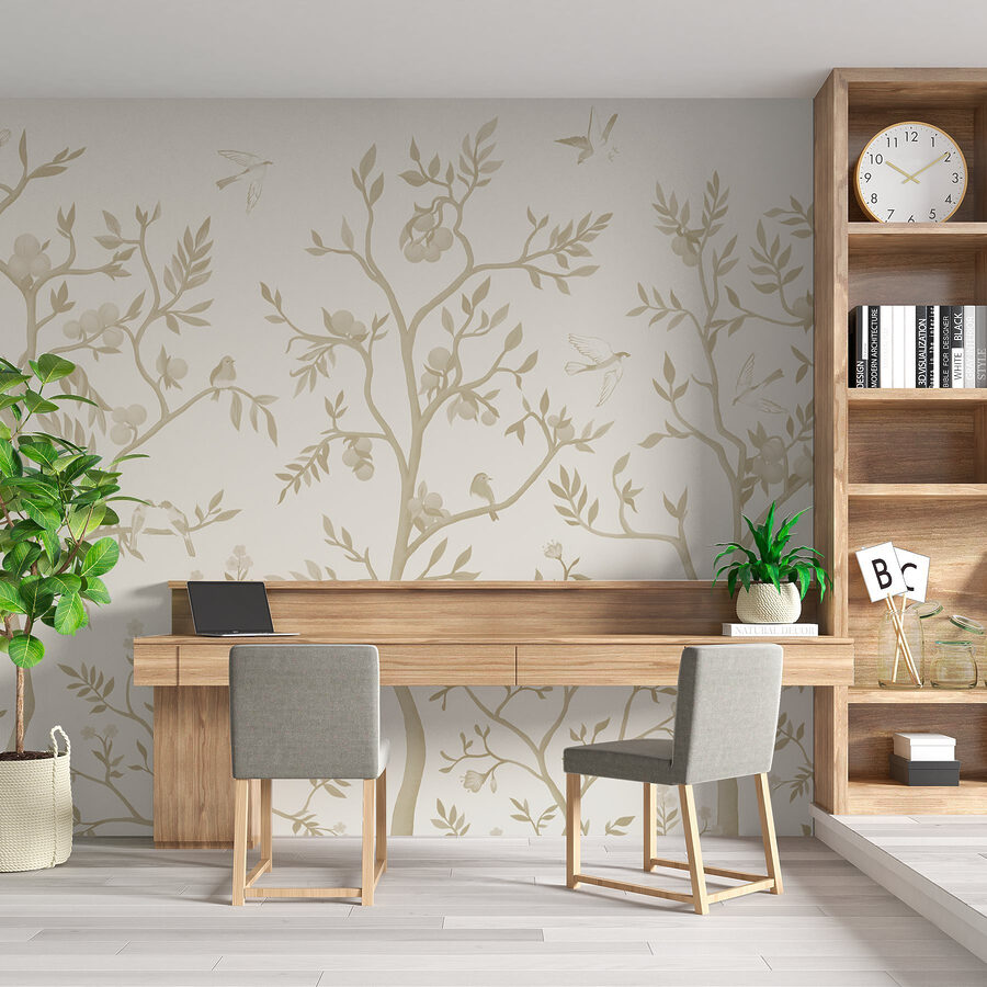 Papier peint avec des oiseaux et des arbres