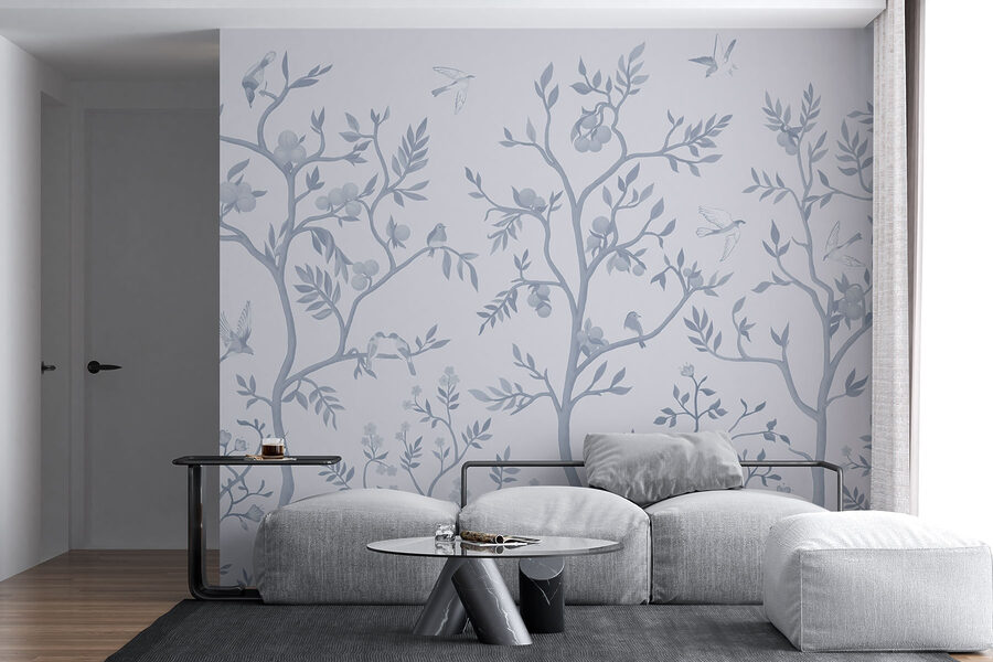 Papier peint avec des oiseaux et des arbres