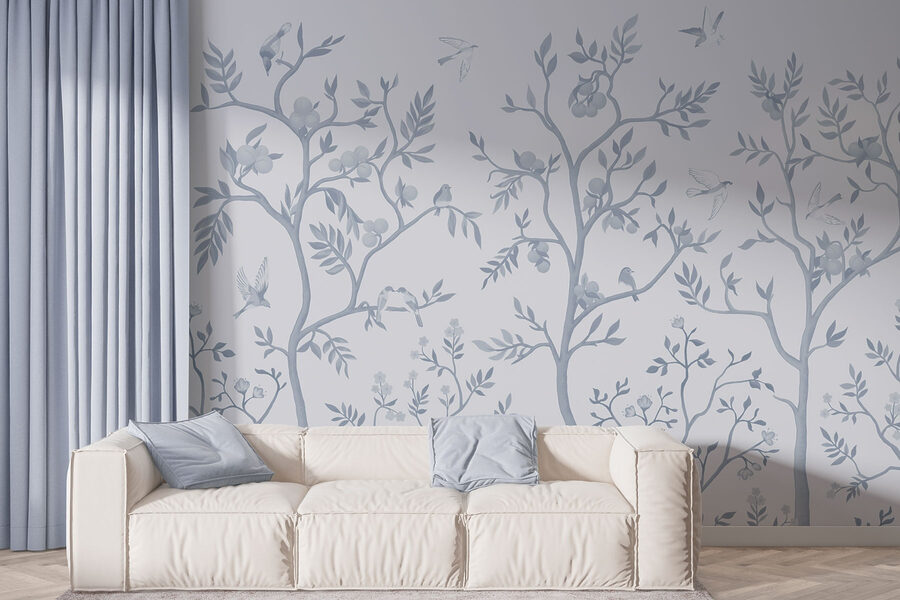 Papier peint avec des oiseaux et des arbres
