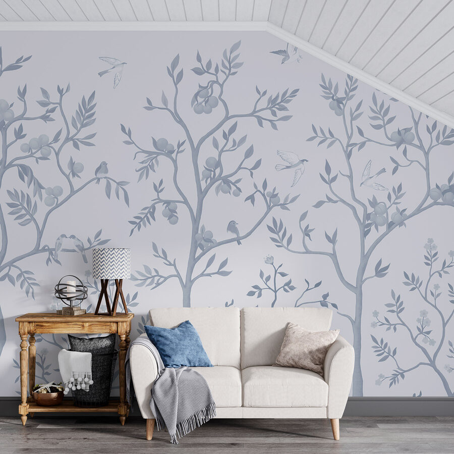 Papier peint avec des oiseaux et des arbres