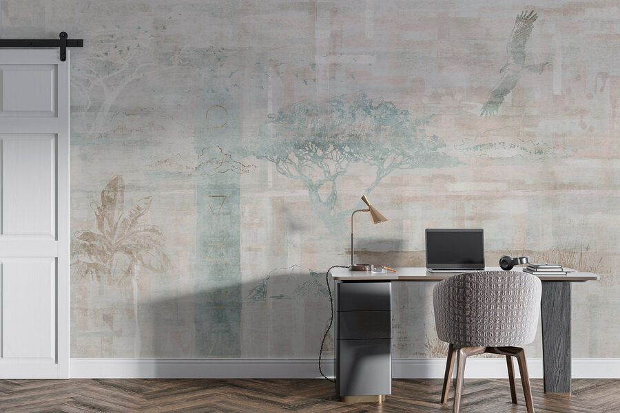 Papier peint avec des arbres et des oiseaux