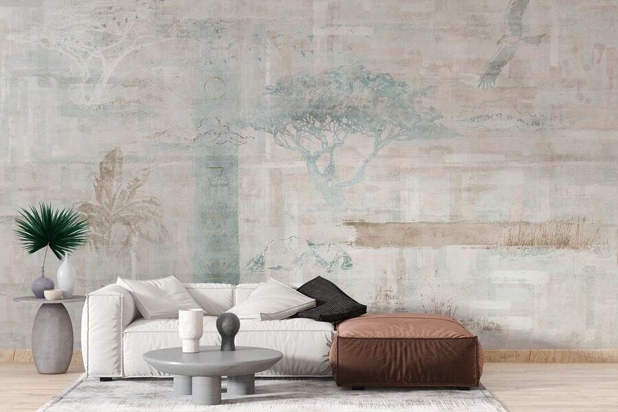 Papier peint avec des arbres et des oiseaux