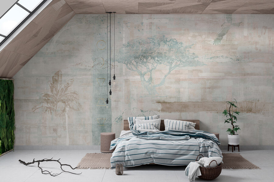 Papier peint avec des arbres et des oiseaux
