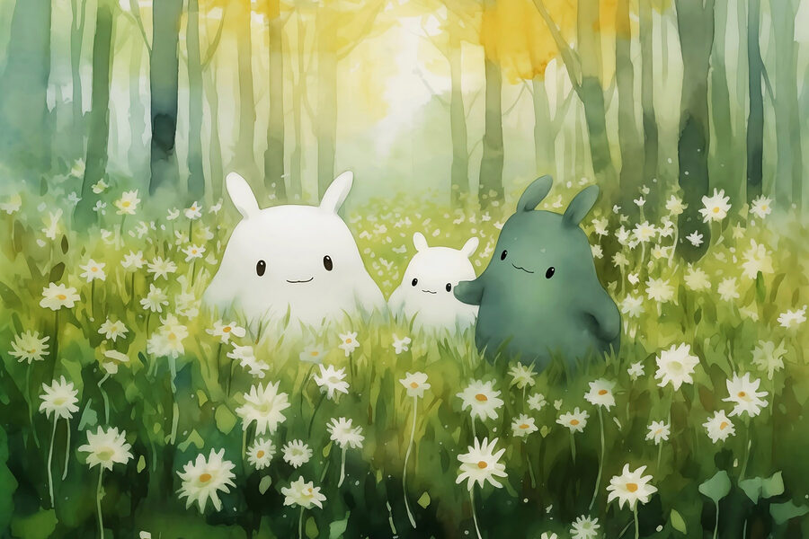 Groupe de personnages de bandes dessinées dans un champ de fleurs