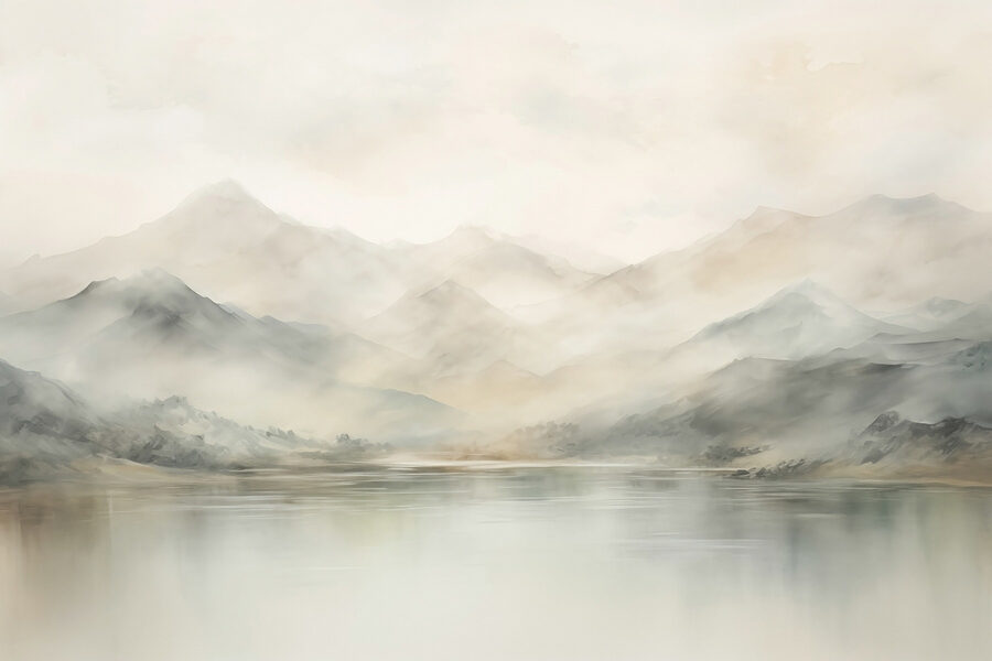 Aquarelle d'un lac avec des montagnes au loin