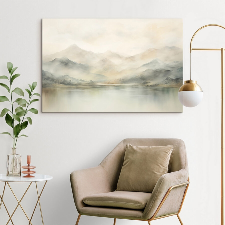 Aquarelle d'un lac avec des montagnes au loin