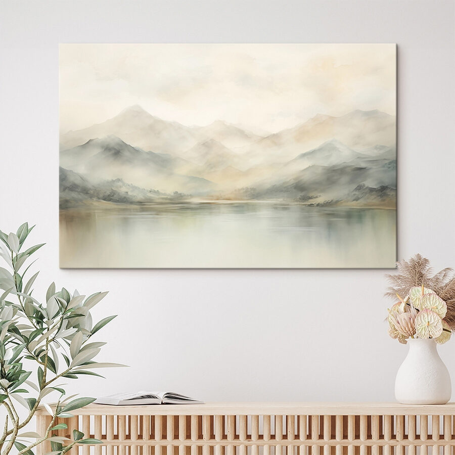 Aquarelle d'un lac avec des montagnes au loin