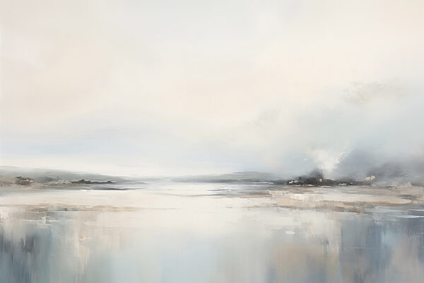 Peinture d'un paysage avec un plan d'eau et du brouillard Peinture d'un paysage avec un plan d'eau et du brouillard