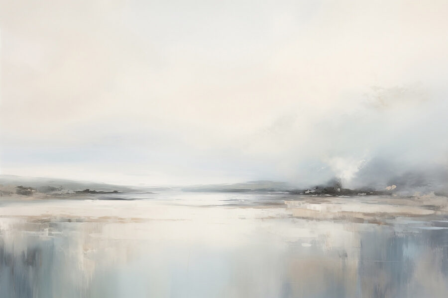 Peinture d'un paysage avec un plan d'eau et du brouillard