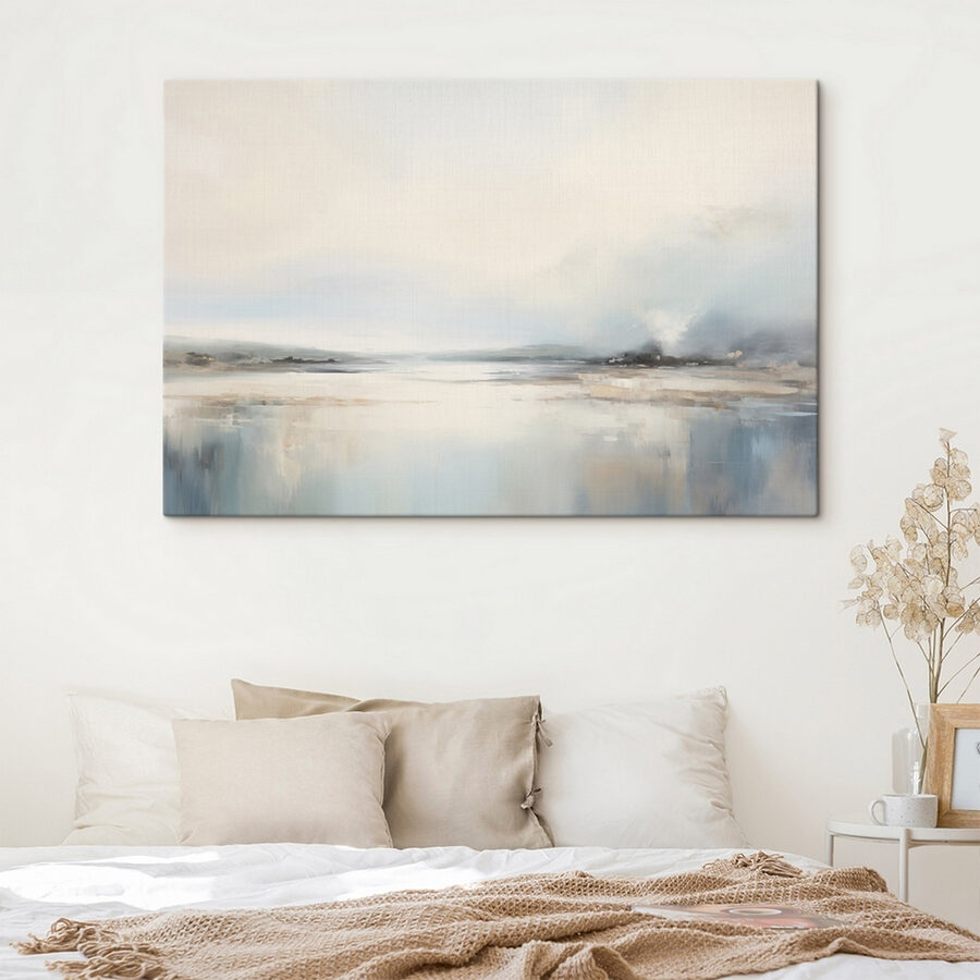 Peinture d'un paysage avec un plan d'eau et du brouillard