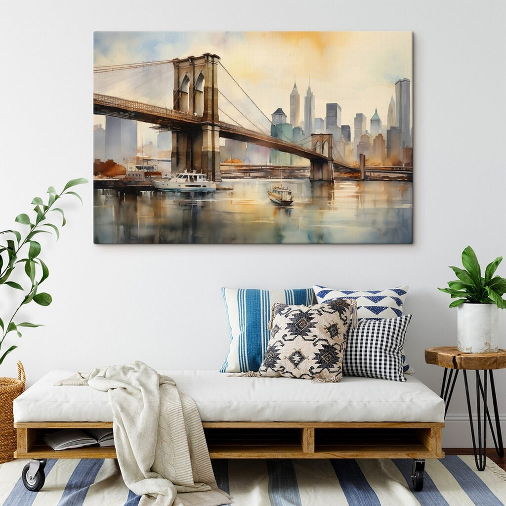 Watercolor of a bridge and a city
