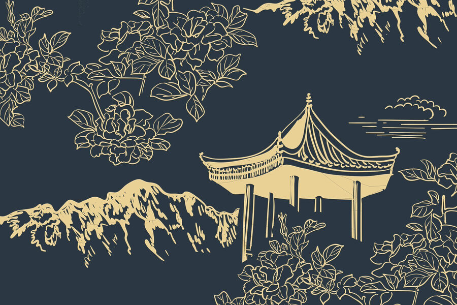 Pagode et montagnes avec fleurs
