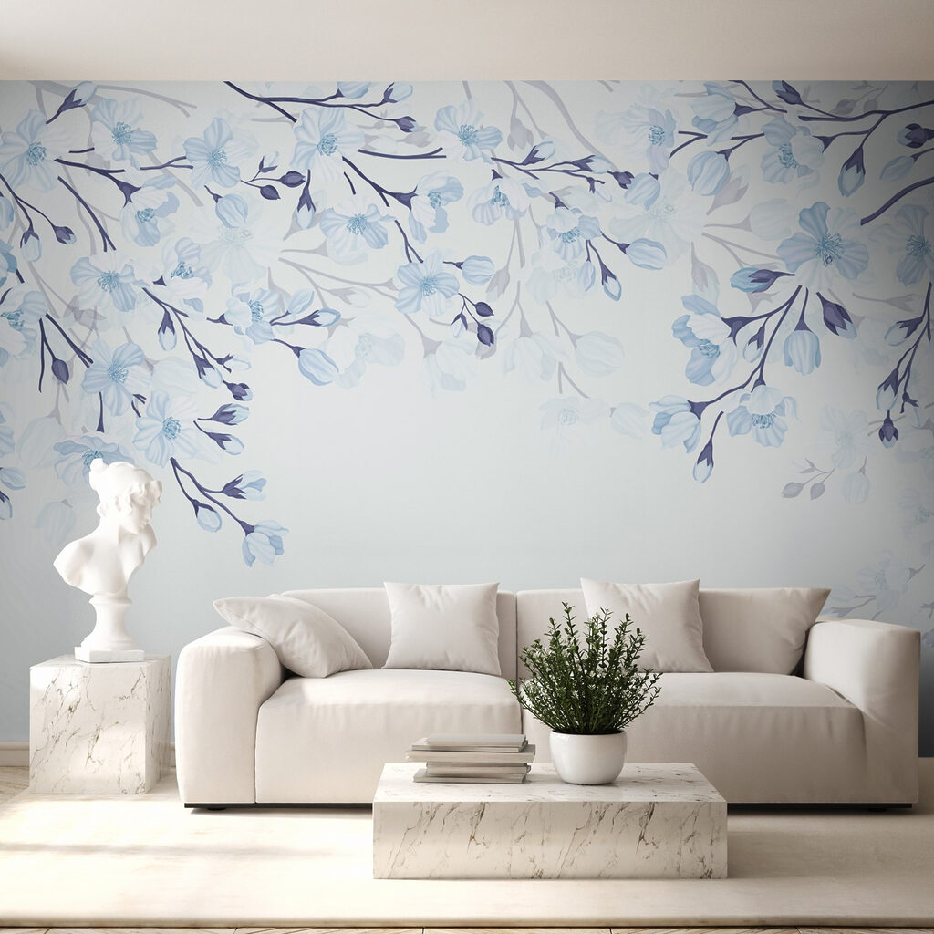 White and blue flowers on a white background