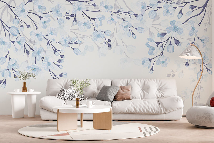 Fleurs blanches et bleues sur fond blanc