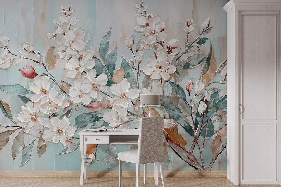 Peinture de fleurs sur fond bleu