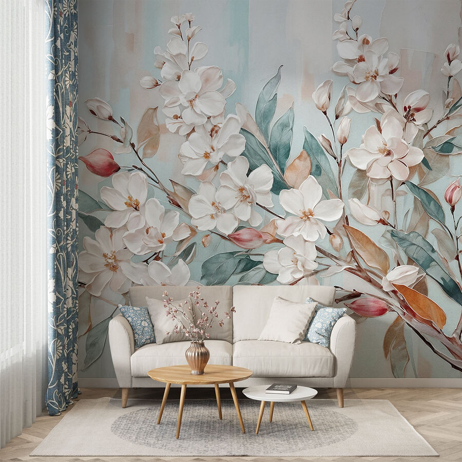 Peinture de fleurs sur fond bleu