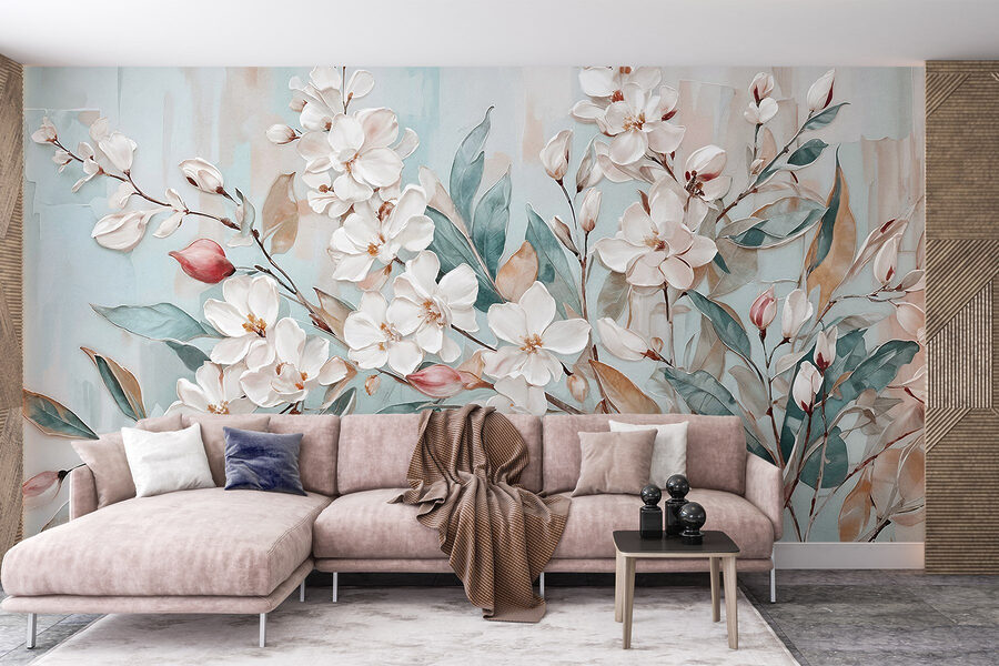 Peinture de fleurs sur fond bleu