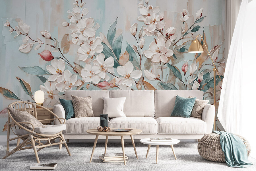 Peinture de fleurs sur fond bleu