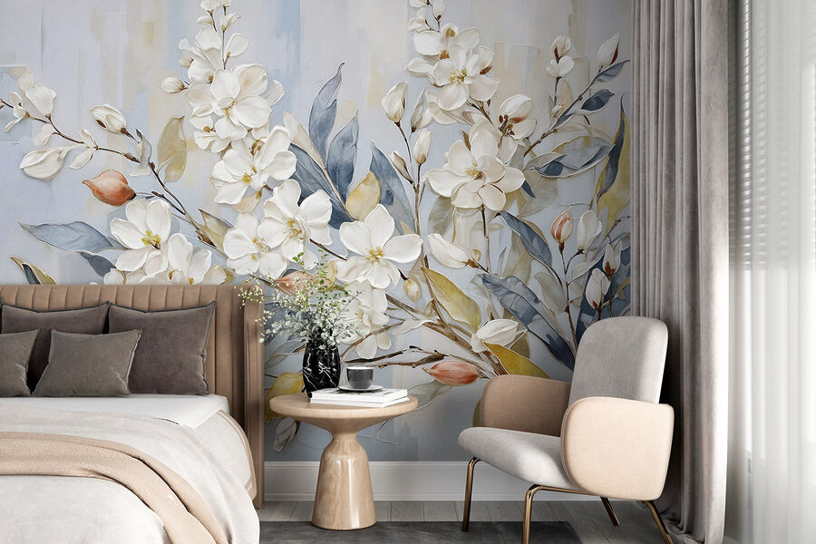 Peinture de fleurs et de feuilles blanches