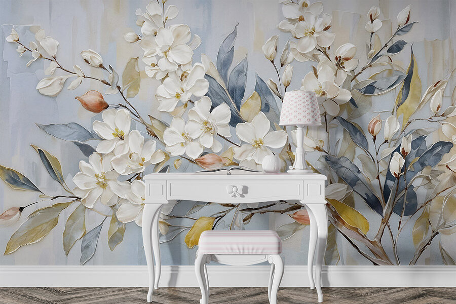Peinture de fleurs et de feuilles blanches