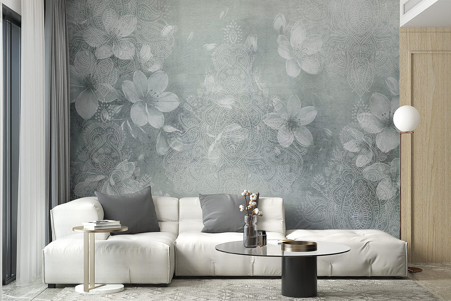 Papier peint Fleurs blanches sur fond gris