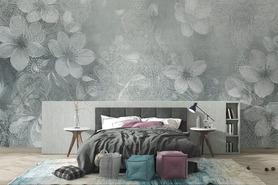 Papier peint Fleurs blanches sur fond gris – Image 3