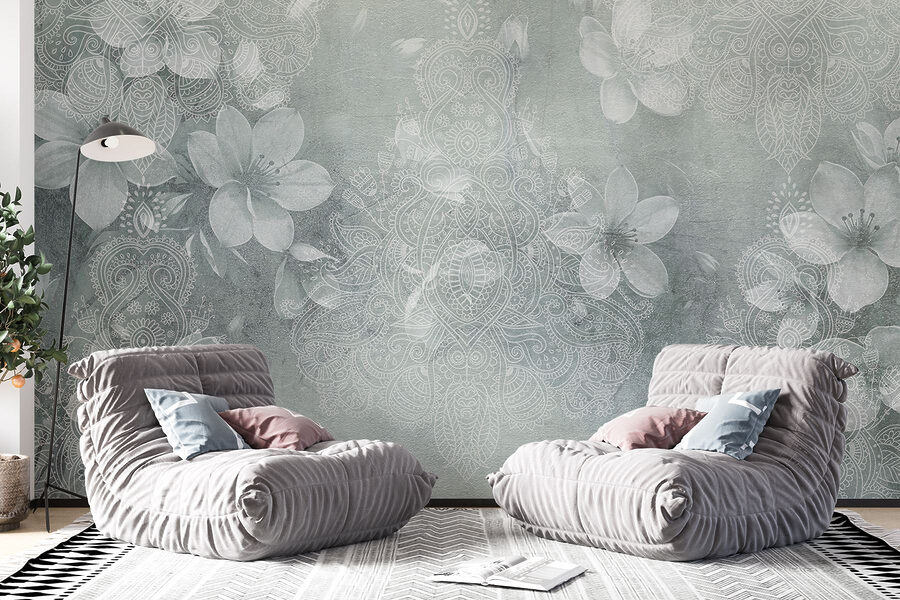 Papier peint Fleurs blanches sur fond gris – Image 5