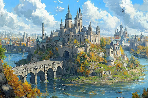 Château sur une colline avec un pont sur l'eau Château sur une colline avec un pont sur l'eau