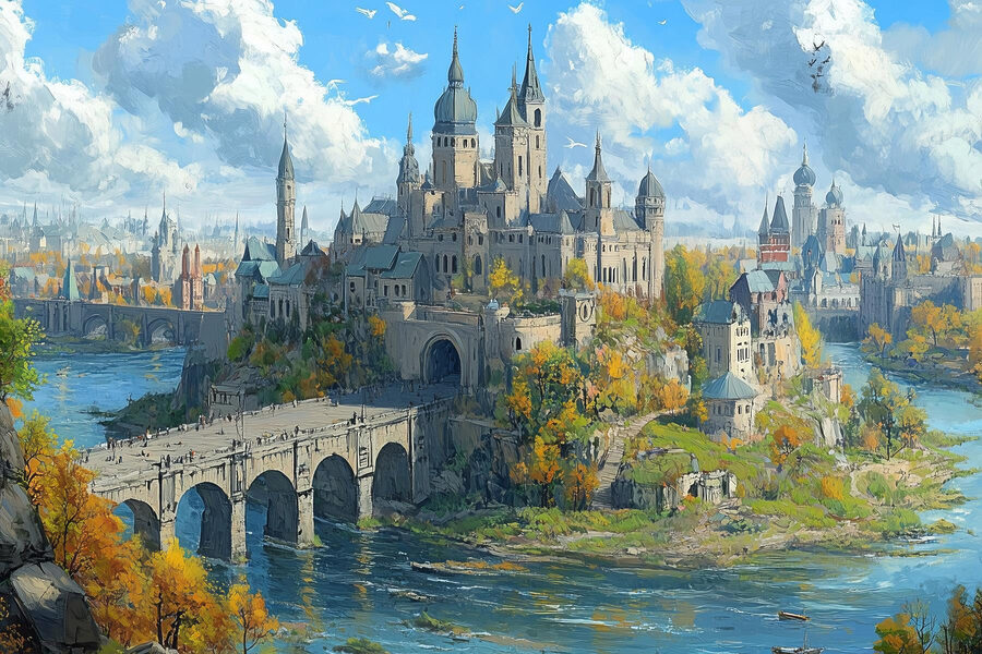 Château sur une colline avec un pont sur l'eau