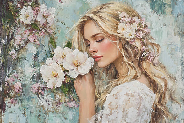 Peinture d'une femme sentant des fleurs Peinture d'une femme sentant des fleurs