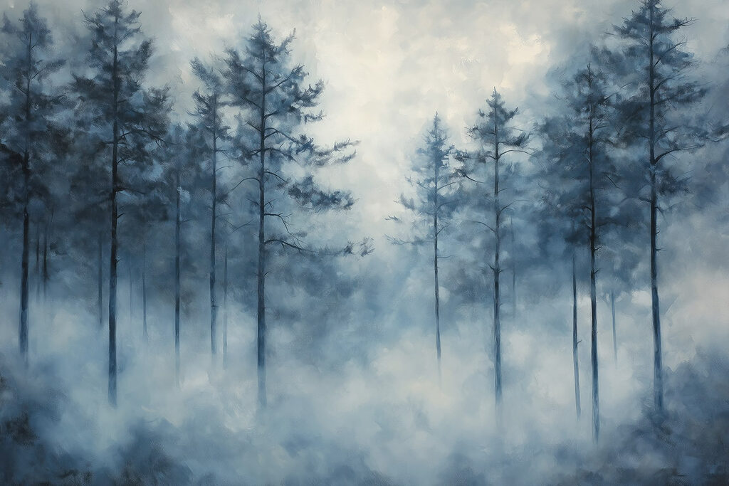 Forêt brumeuse avec des arbres Forêt brumeuse avec des arbres