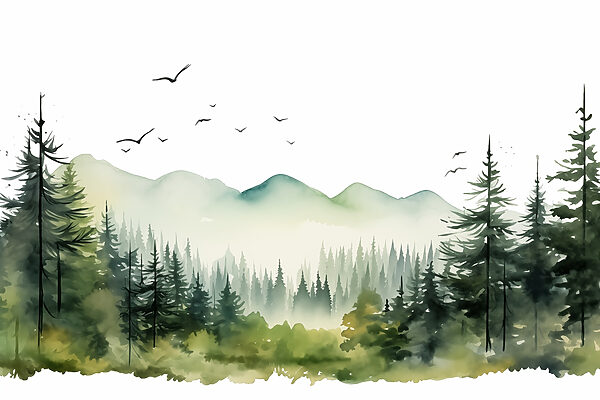 Aquarelle d'une forêt et de montagnes Aquarelle d'une forêt et de montagnes