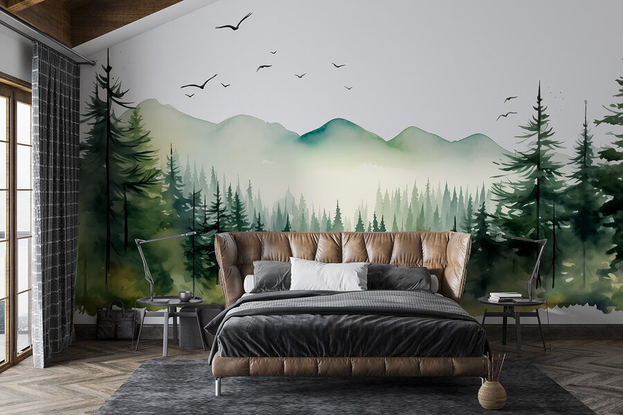Aquarelle d'une forêt et de montagnes