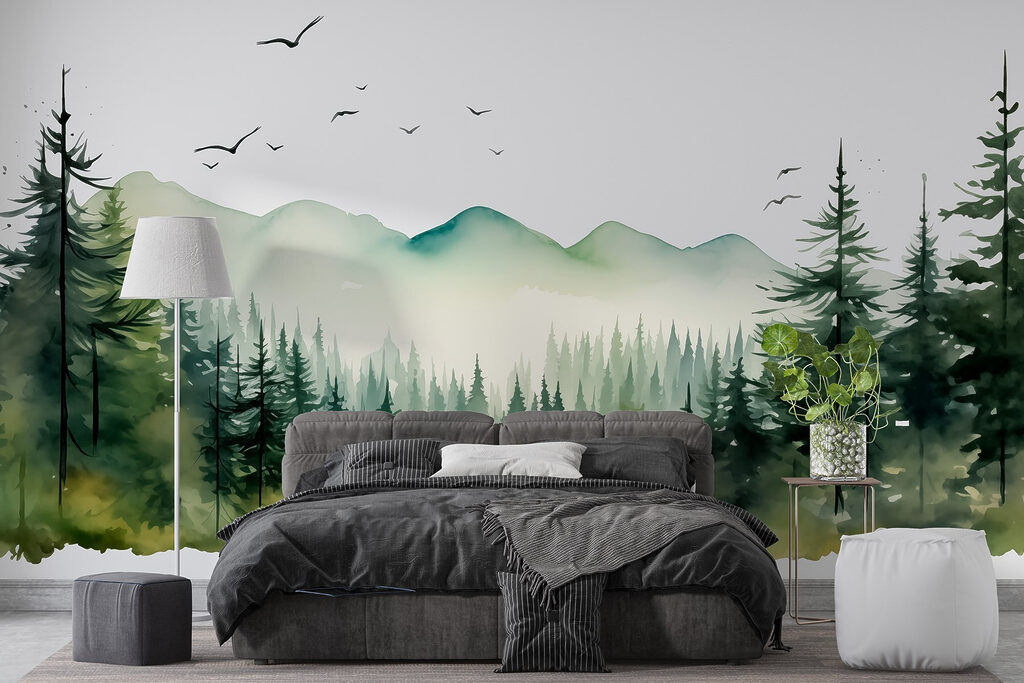 Watercolor of a forest and mountains