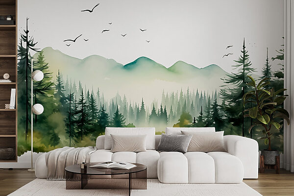 Aquarelle d'une forêt et de montagnes Aquarelle d'une forêt et de montagnes