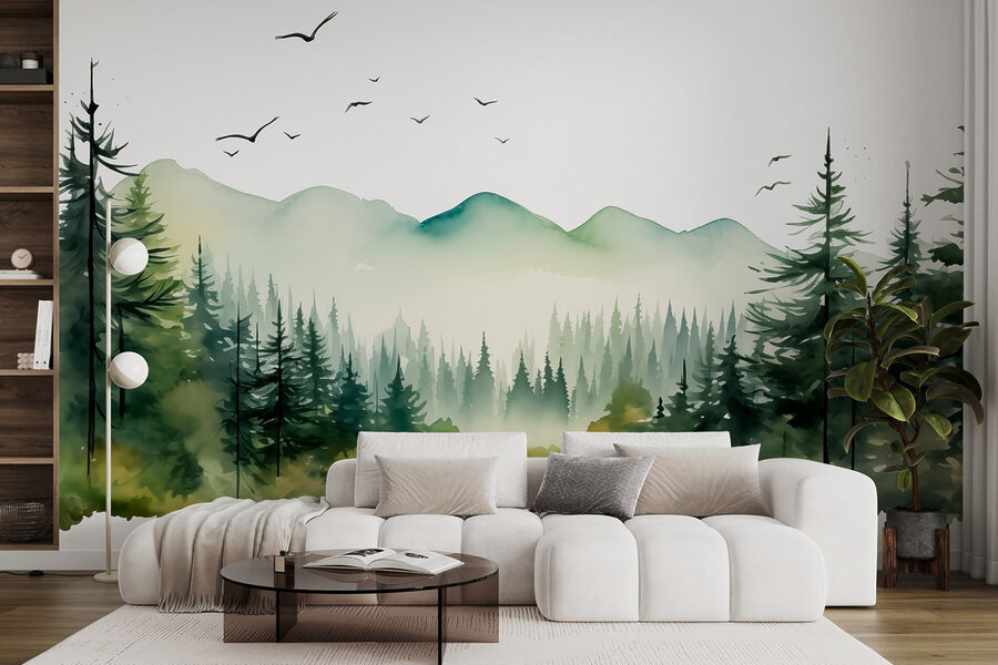 Aquarelle d'une forêt et de montagnes