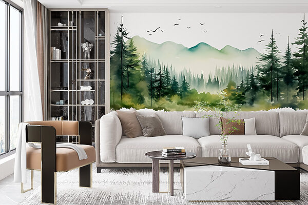 Aquarelle d'une forêt et de montagnes Aquarelle d'une forêt et de montagnes