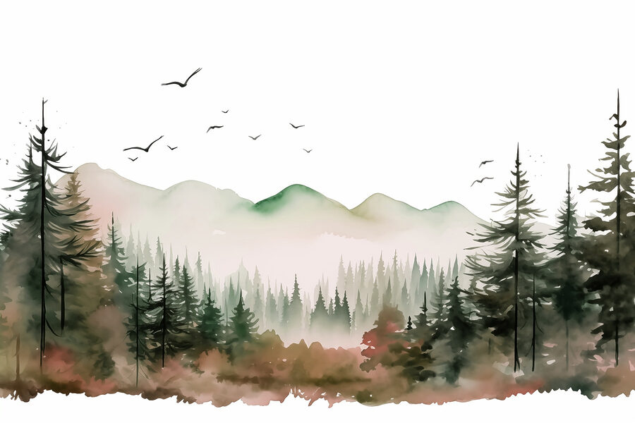 Aquarelle d'une forêt et de montagnes