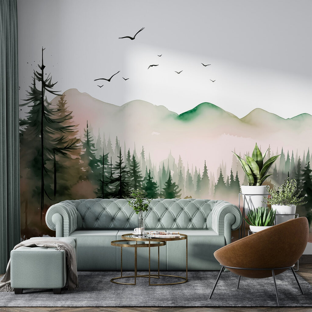 Watercolor painting of a forest and mountains