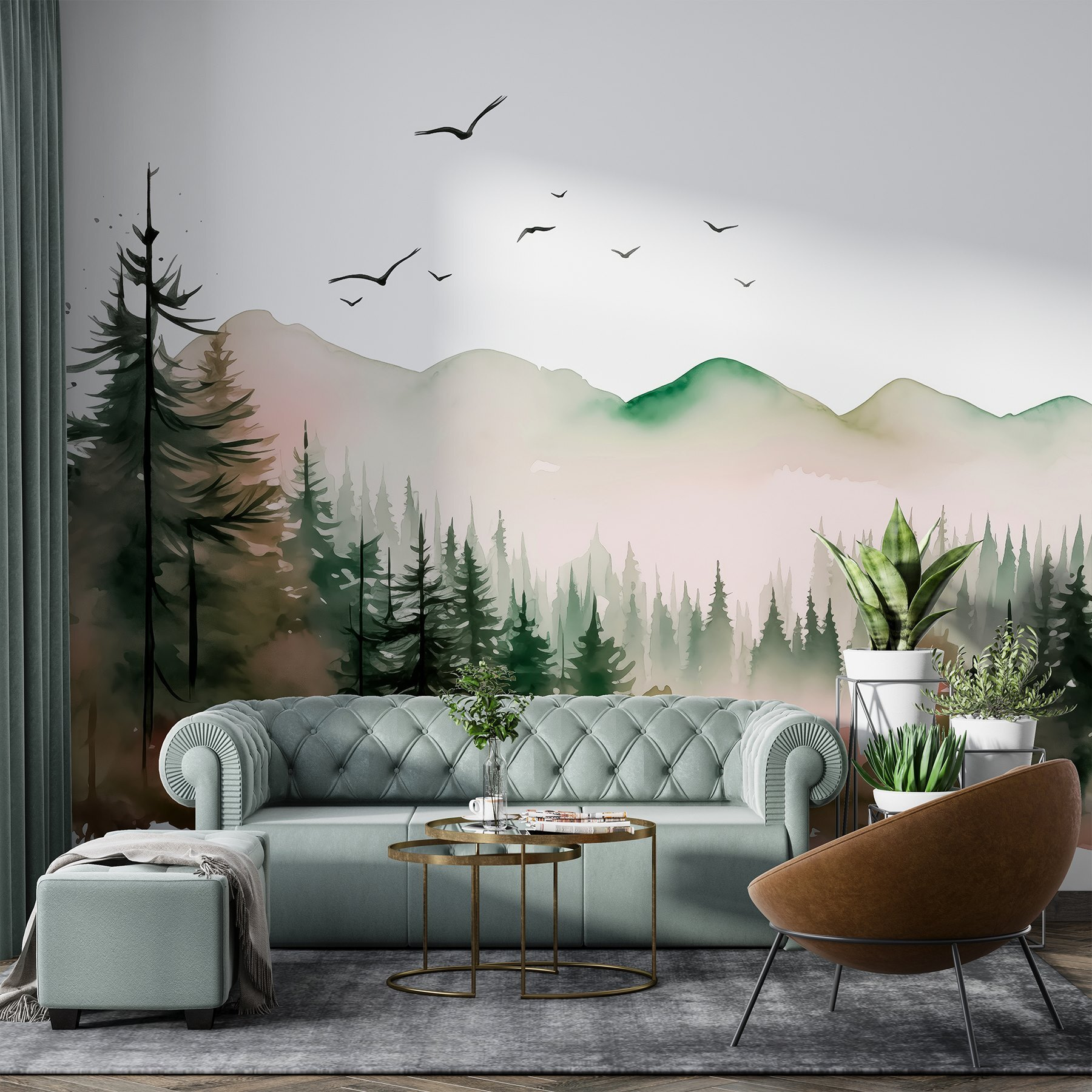 Watercolor painting of a forest and mountains