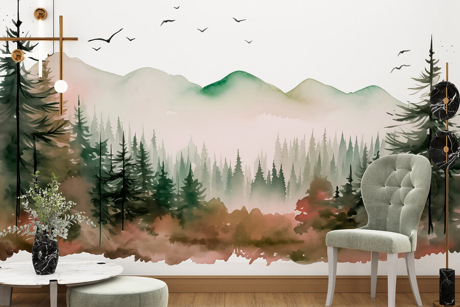 Aquarelle d'une forêt et de montagnes